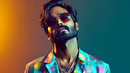 Sunlit swagger in neon florals and cinematic cool gaze.