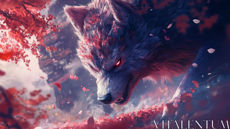 Mythic crimson-eyed wolf prowls through falling sakura petals