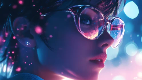 Neon daydreamer framed in glowing cyberpunk glasses.