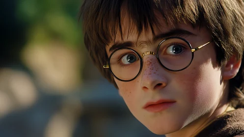 Young boy with round glasses rendered in high-detail photorealism