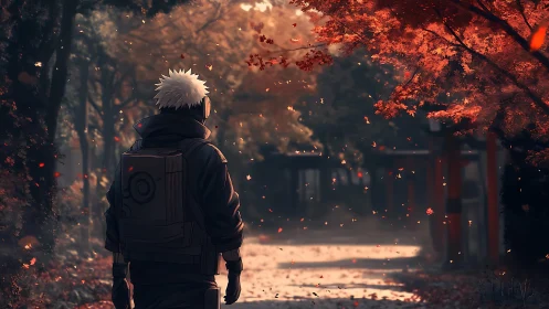 Backlit anime traveler walks through misty autumn shrine path