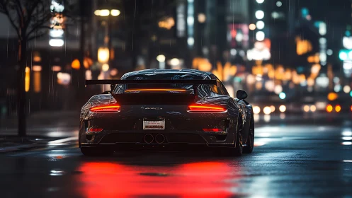 Supercar rear view cuts through neon city rain reflections.