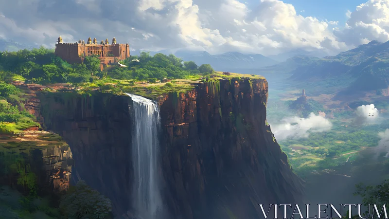 Cliffside fortress above massive waterfall and valley