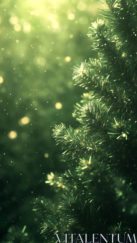 Glowing evergreen branches in soft golden winter light.