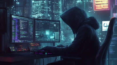 Hooded hacker codes in neon cyberpunk city at night.