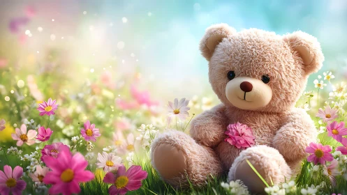 Sweet teddy bear resting in a dreamy meadow of wildflowers.