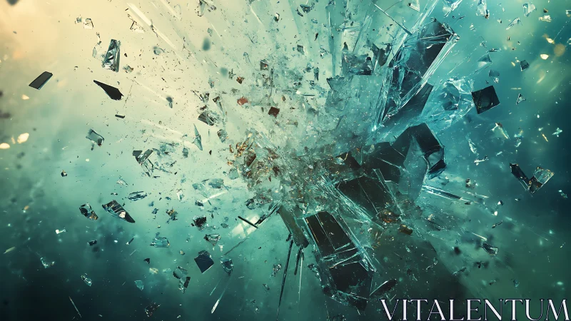 Shattered glass fragments suspended in teal abstract space.