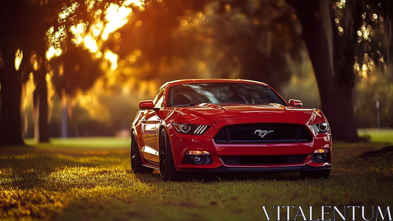 Sunlit red sports car resting in a peaceful green park.