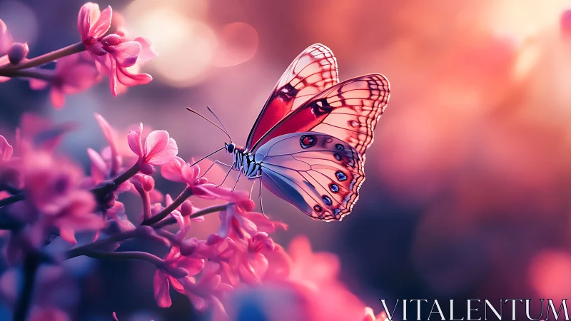 Radiant butterfly rests among glowing pink spring blossoms