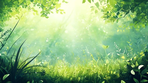 Soft morning light over a whispering green forest meadow.