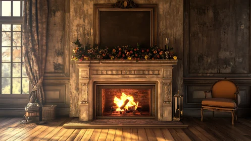 Golden firelit mantel in a softly glowing vintage room.