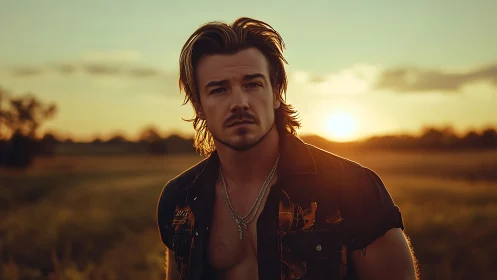 Sunlit country portrait captures rugged sunset confidence