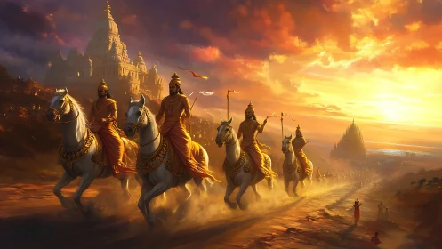 Sunlit warrior cavalcade racing from golden temple realms.
