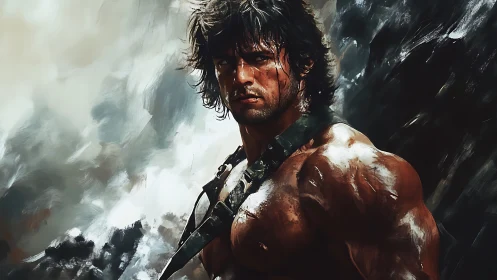 Battle-hardened warrior portrait in stormy brushwork drama.