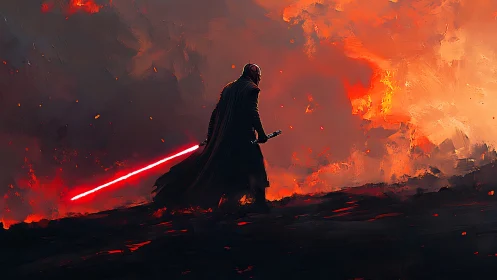 Dark armored figure with red energy sword in firestorm.