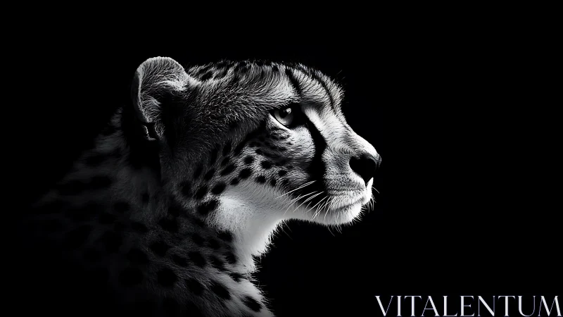 High contrast cheetah profile in monochrome low‑key lighting