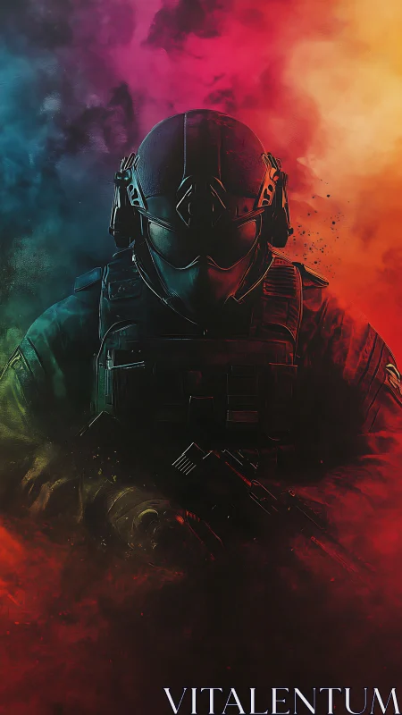 Tactical soldier silhouette in vivid dual-color smoke field