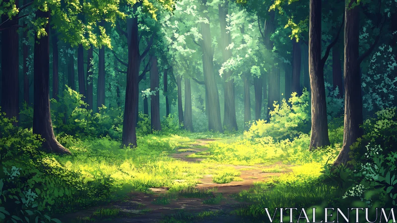Sunlit Forest Path in Lush Green Woodland, Digital Art Style.