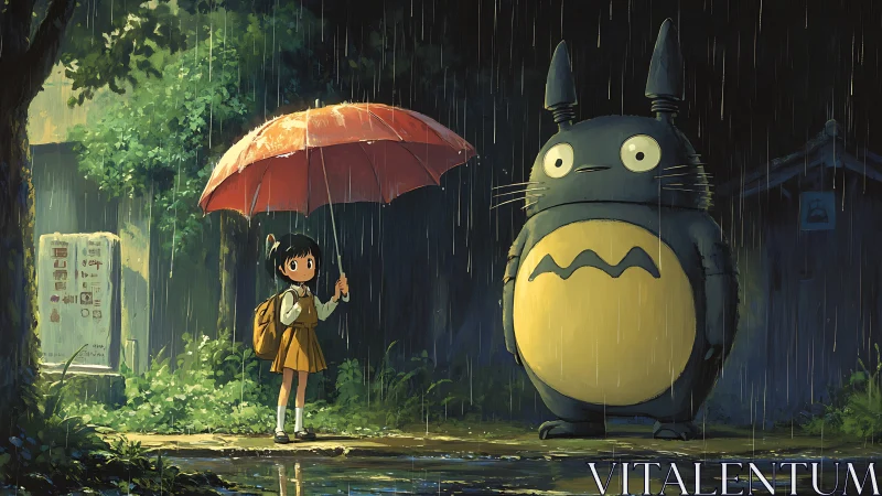 Rainy roadside meeting with a gentle forest companion.