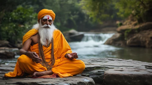 Elderly man in orange robes seated by river waterfall scene.