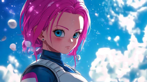 Cel-shaded anime portrait of pink-haired sci-fi heroine under sky.