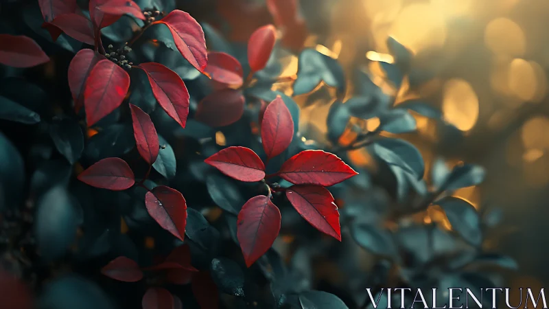 Gentle sunset glow on rich red leaves in a quiet garden.