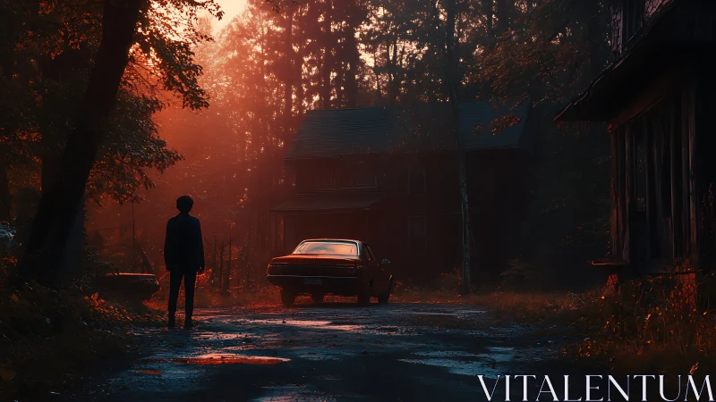 Cinematic dusk scene isolates lone figure by car in forest lane