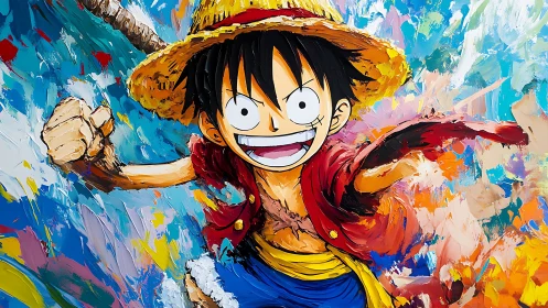 Energetic anime hero in vivid impasto brushstroke motion.