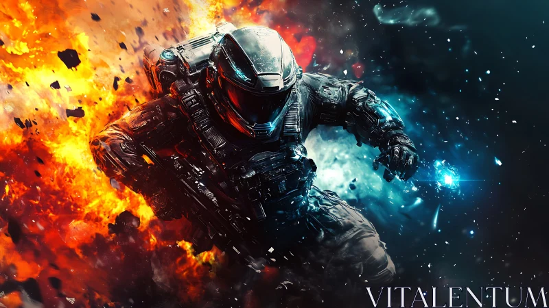 Armored space soldier sprints through explosive thermal shockwave