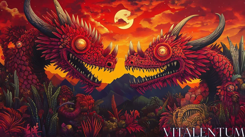 Crimson twin dragons trading stories in a wildfire sunset.