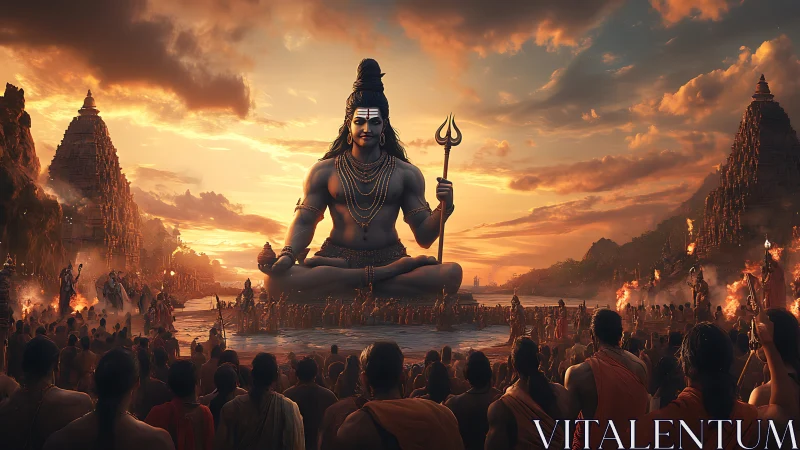 Digital epic of Shiva in monumental riverside procession.
