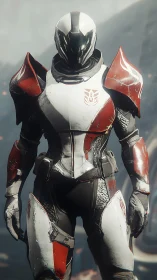 Futuristic armored guardian in bold red and white suit.