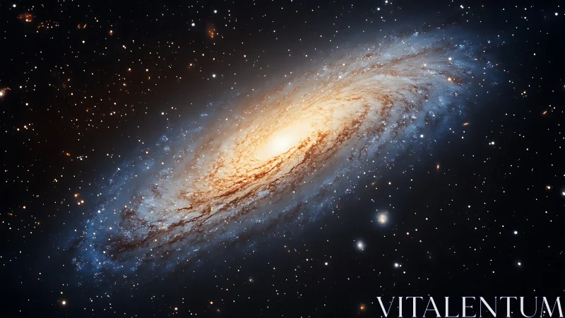 Luminous spiral galaxy arcs through deep black star field