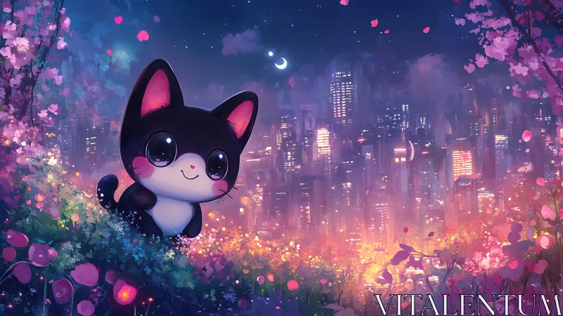Twilight cityscape with chibi cat amid glowing blossoms.