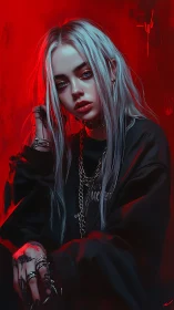 Silver-haired goth girl in red neon glow stares forward.