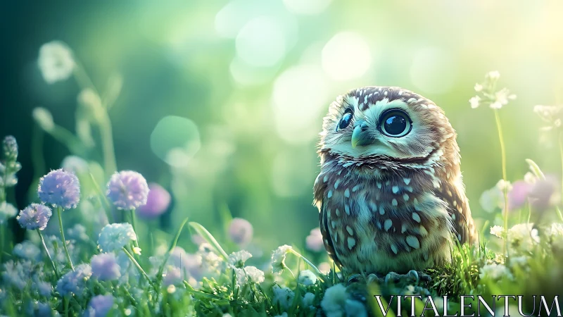 Adorable baby owl in dreamy spring meadow, digital art style.