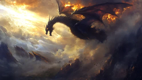 Volcanic sky dragon descends through stormlit clouds in dynamic flight