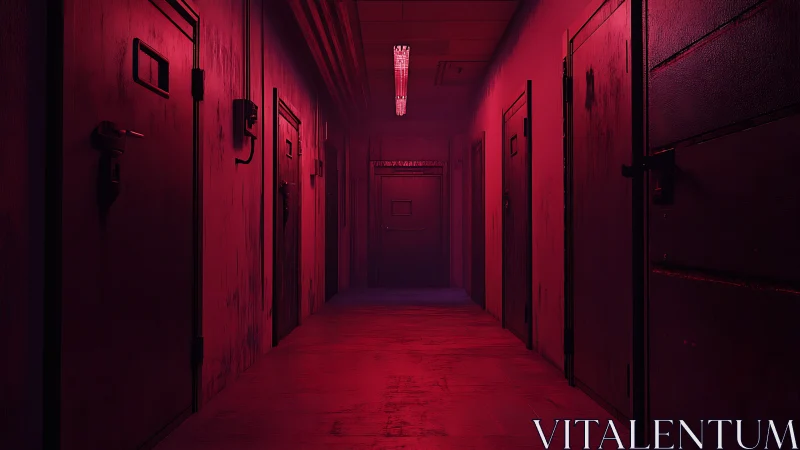 Red-lit prison corridor glows with eerie, claustrophobic tension