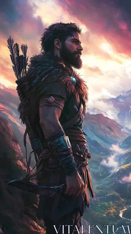 Resolute mountain wanderer greets a glowing fantasy dawn