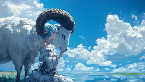 Sky-bent horns shelter a quiet girl beside mirrored clouds