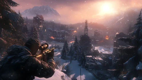 Sniper positioned on mountainous terrain overlooking dystopian settlement.