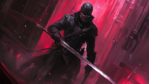 Cyberpunk swordsman in crimson-lit corridor, dynamic composition.