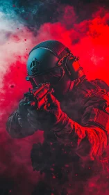 Tactical operator with rifle in high-contrast red smoke backlighting