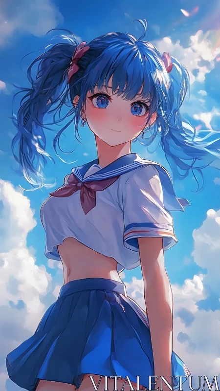 Blue‑haired schoolgirl beneath luminous summer sky.