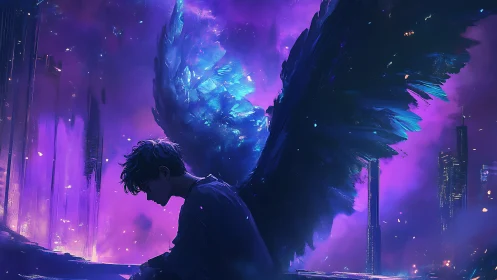 Winged figure rests in neon night cityscape under violet sky