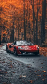 Low-angle red supercar on wet forest road under dense autumn canopy