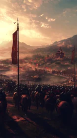 Mounted army advances toward fortified valley encampment