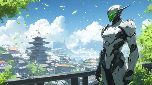 Futuristic combat android overlooking sunlit neo-Japanese citadel