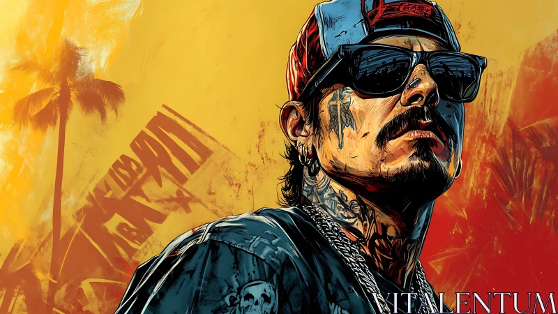 Tattooed street figure stares upward under vivid sunset sky