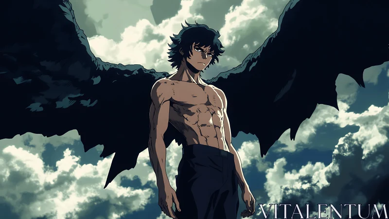 Brooding winged hero standing tall beneath stormy skies.